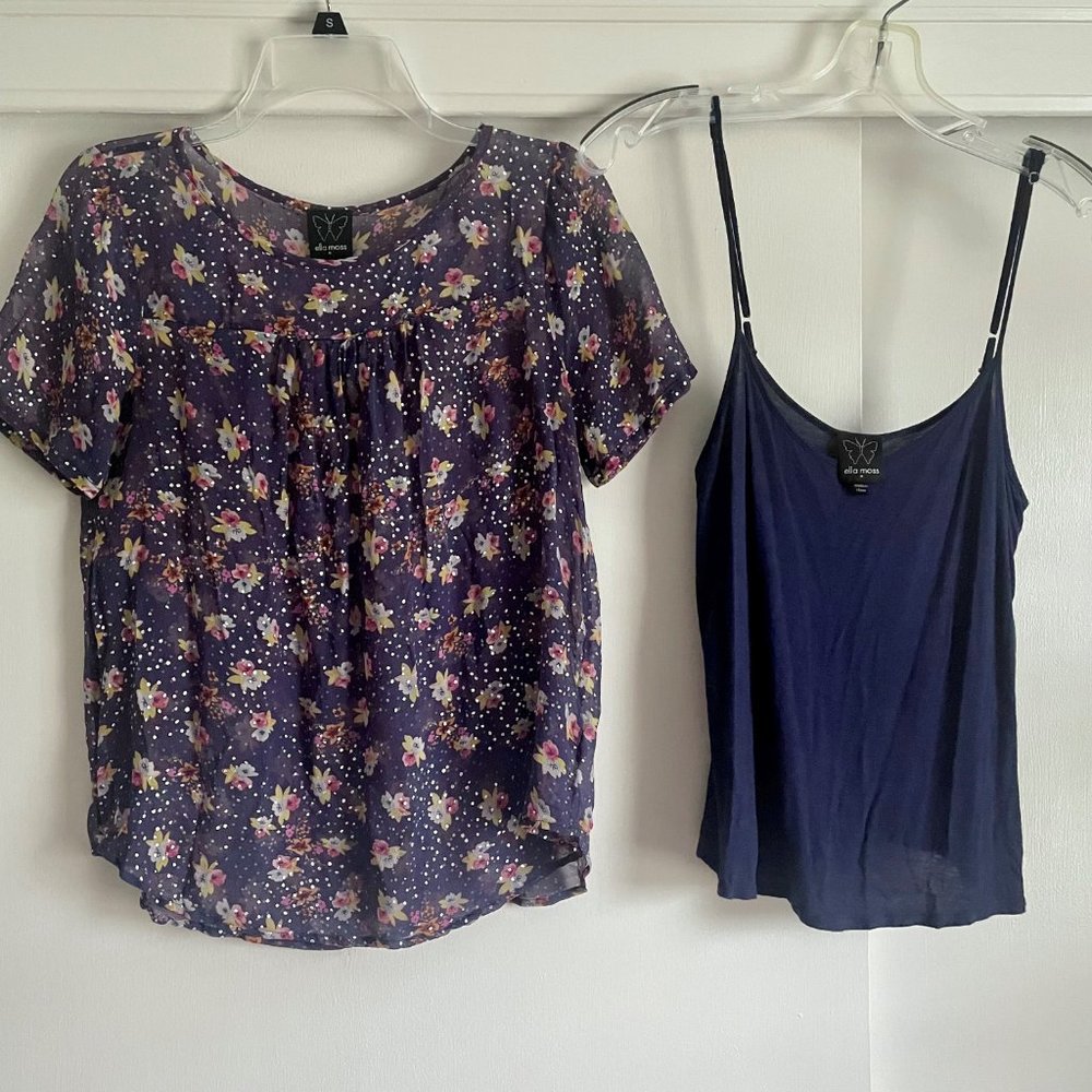 Ella Moss Anthropologie Semi Sheer Floral Silk Top/Cami SET M Purple Violet